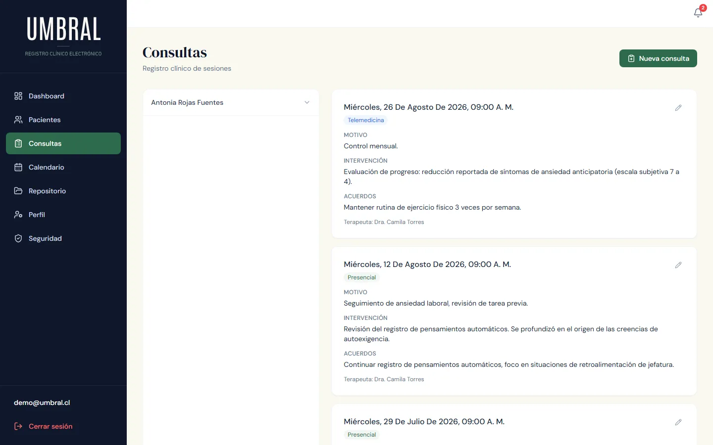 Registro de consultas con motivo, intervención y acuerdos por sesión