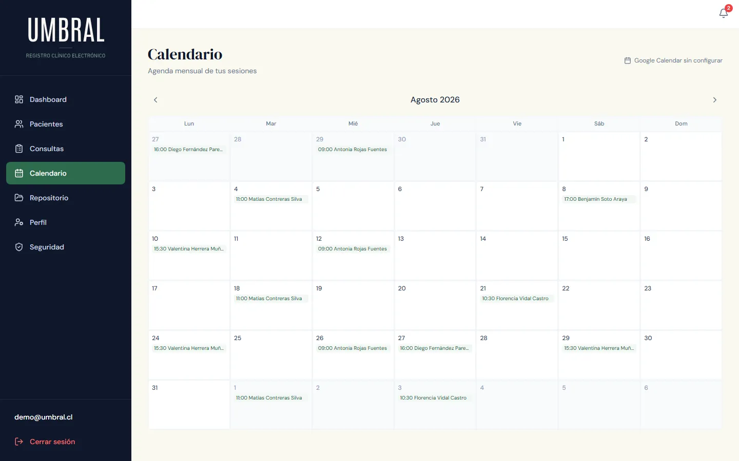 Calendario mensual con sesiones agendadas