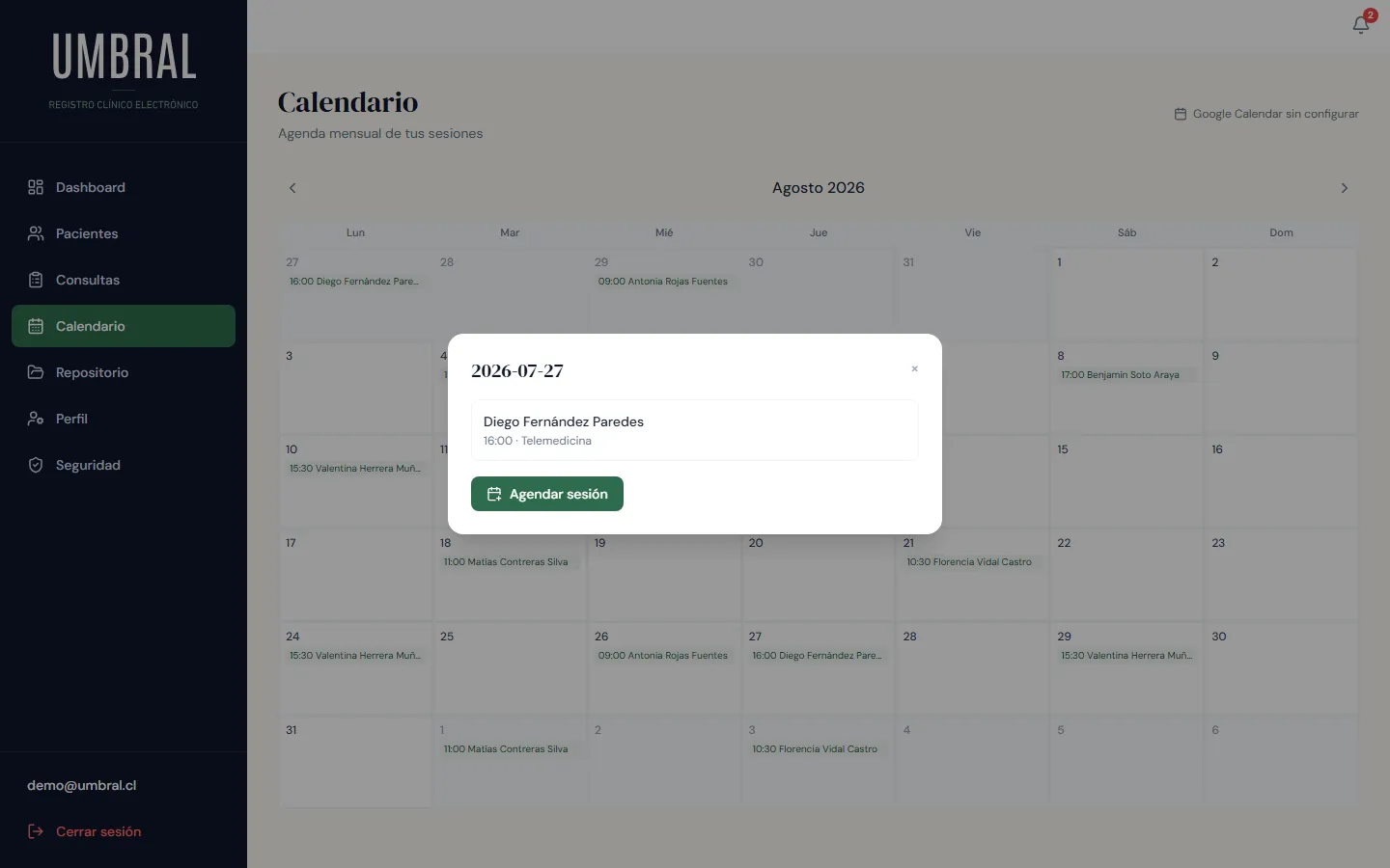Detalle de una sesión agendada en el calendario, con opción de agendar