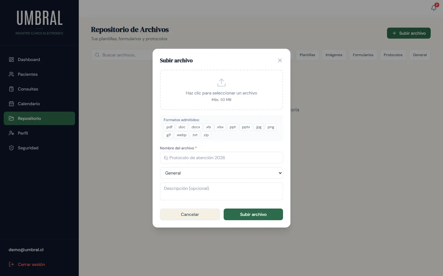 Modal para subir un archivo al repositorio personal
