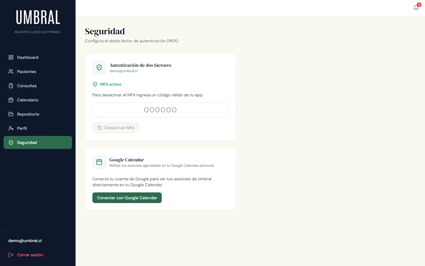 Configuración de seguridad con MFA y conexión a Google Calendar