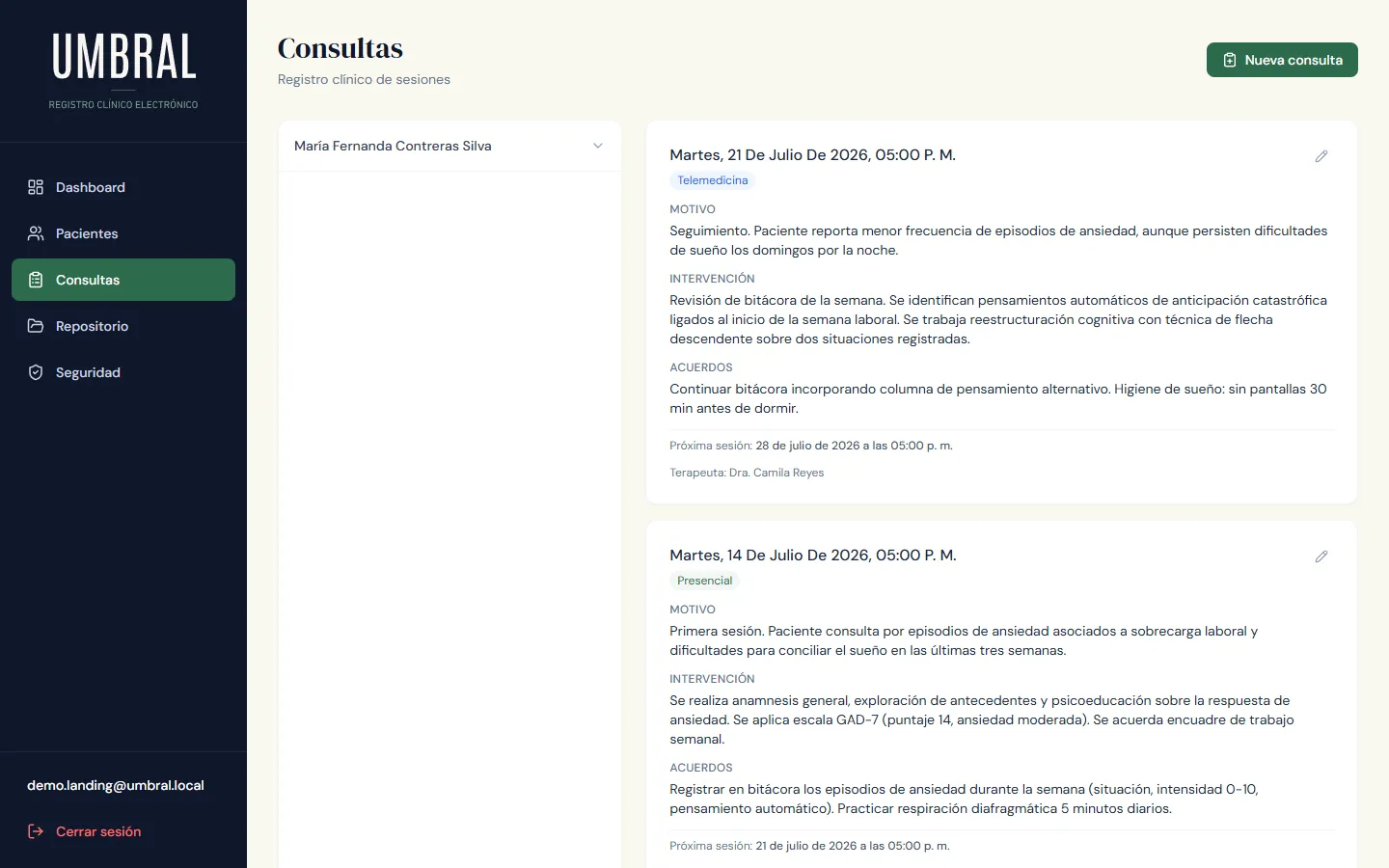 Registro de consultas con motivo, intervención y acuerdos por sesión