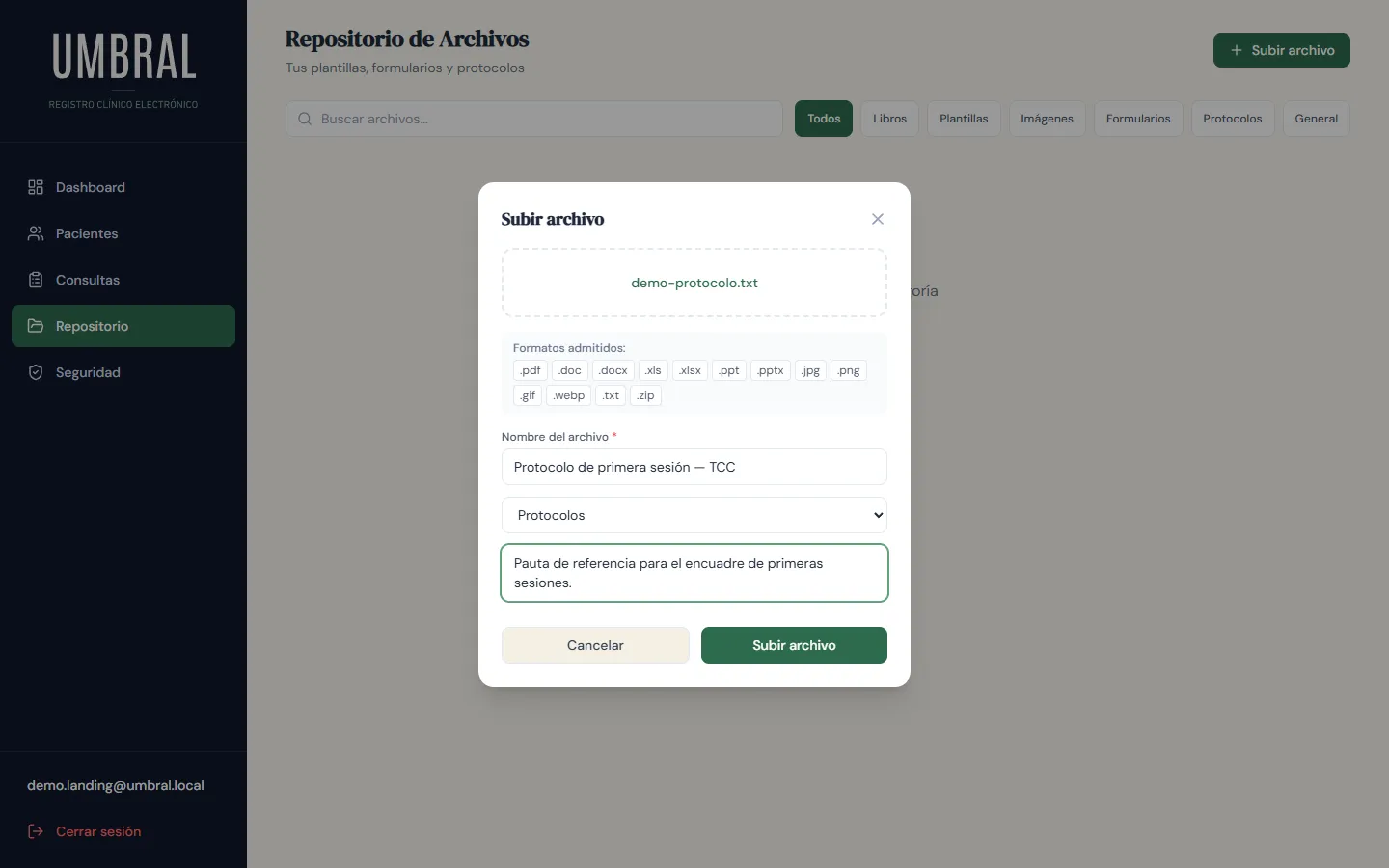 Modal para subir un archivo al repositorio personal